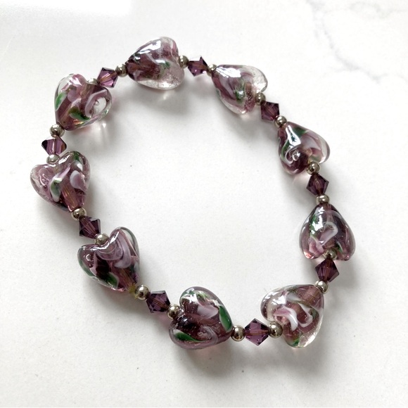 Glass Heart Beaded Bracelet and Pendant Set - Purple and Silver - Picture 4 of 4